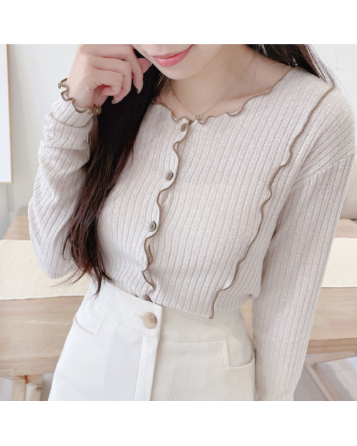 Beige Wave Button Top