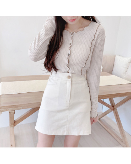 Beige Wave Button Top