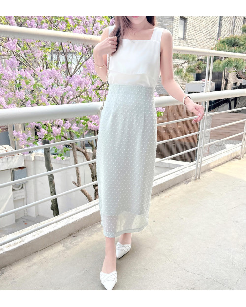 Minty Polka-dot Chiffon Midi Skirt