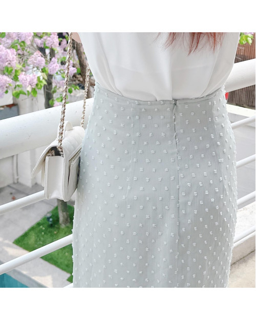 Minty Polka-dot Chiffon Midi Skirt