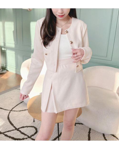 [Special Offer] Classy Gold Button Jacket X Skirt Set